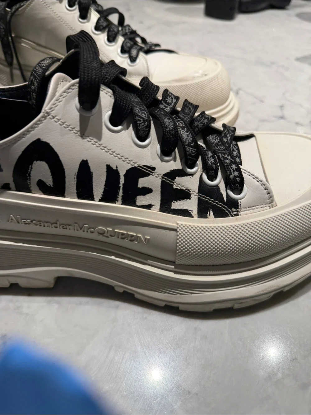 Alexander McQueen White Leather Platform Sneakers with Black Graphic